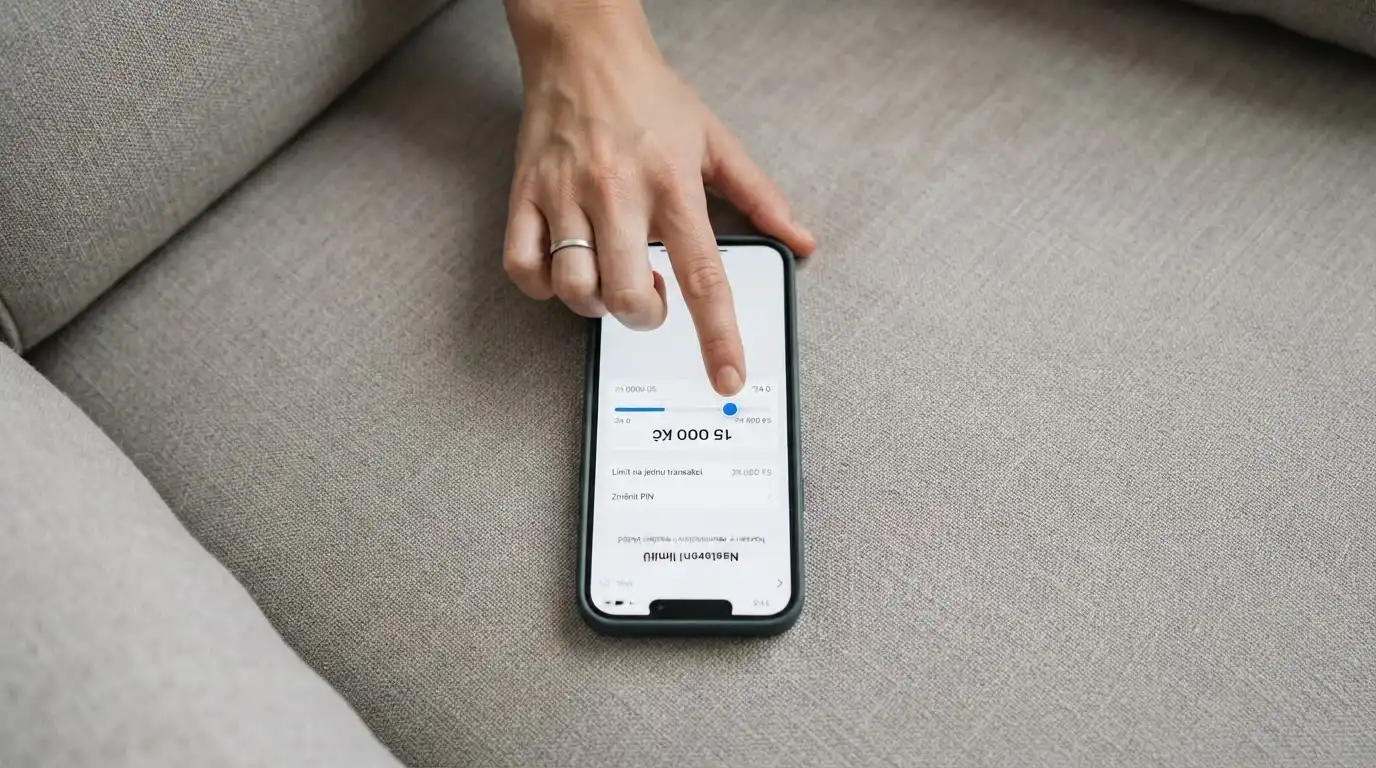 Diskrétní záběr ruky nastavující posuvník limitu vkladu na obrazovce s mobilem, v pozadí logo Národní linky pro odvykání hraní